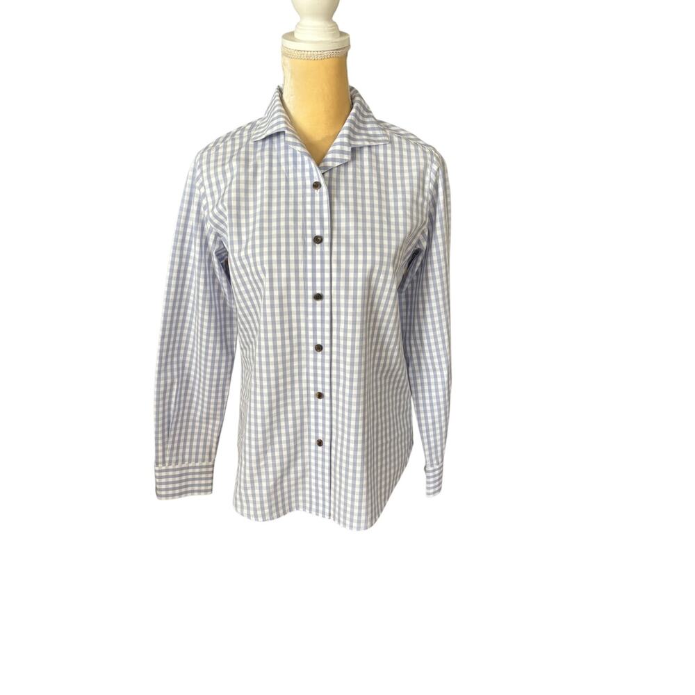 Lafayette 148 New York Poplin Button Up Shirt Blue Gingham Check Size XS FLAW - Picture 8 of 15